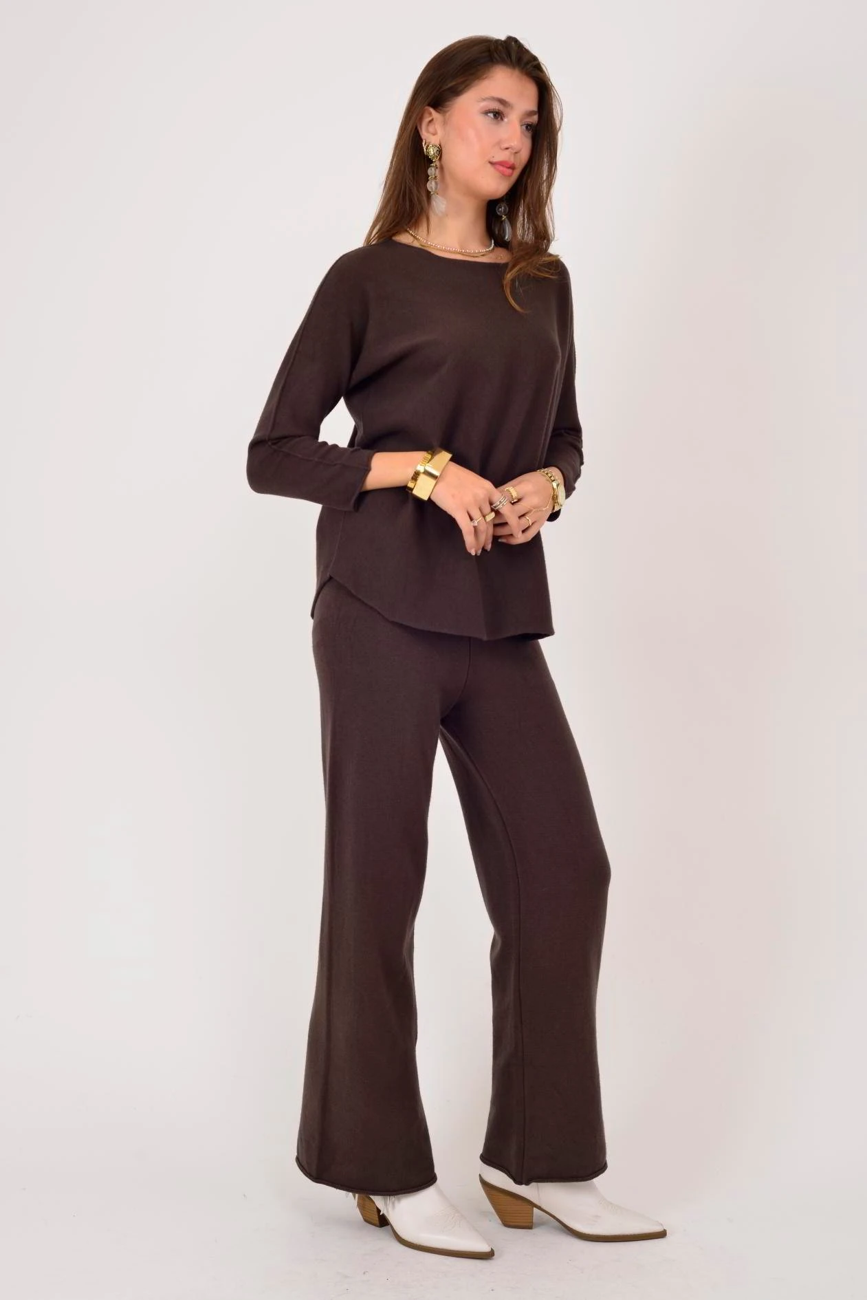 İtalyan Bisiklet Yaka 2'Li Triko Takım - KAHVERENGİ