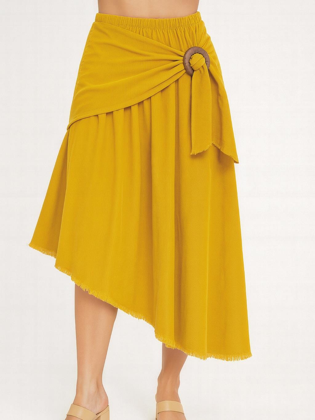 İtalyan Kadife Önden Bağlamalı Etek - HARDAL