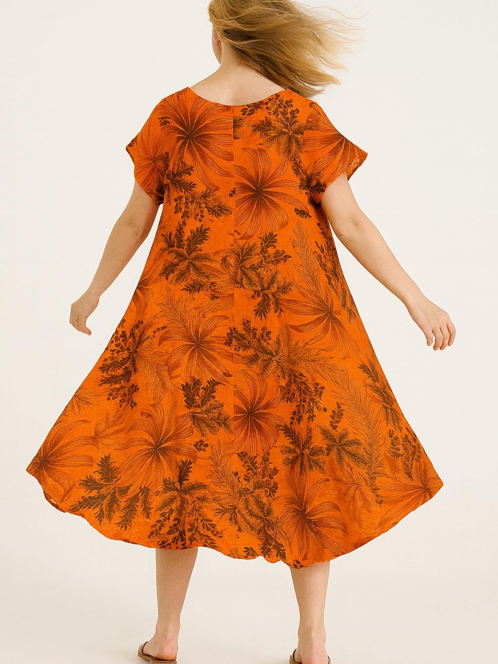 İtalyan Keten Yaprak Desen Elbise - TURUNCU
