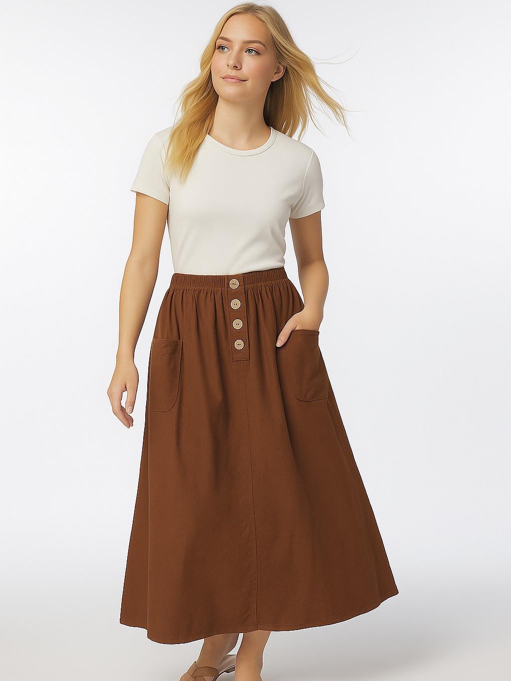 İtalyan Kadife Düğme Detaylı Etek - KAHVERENGİ