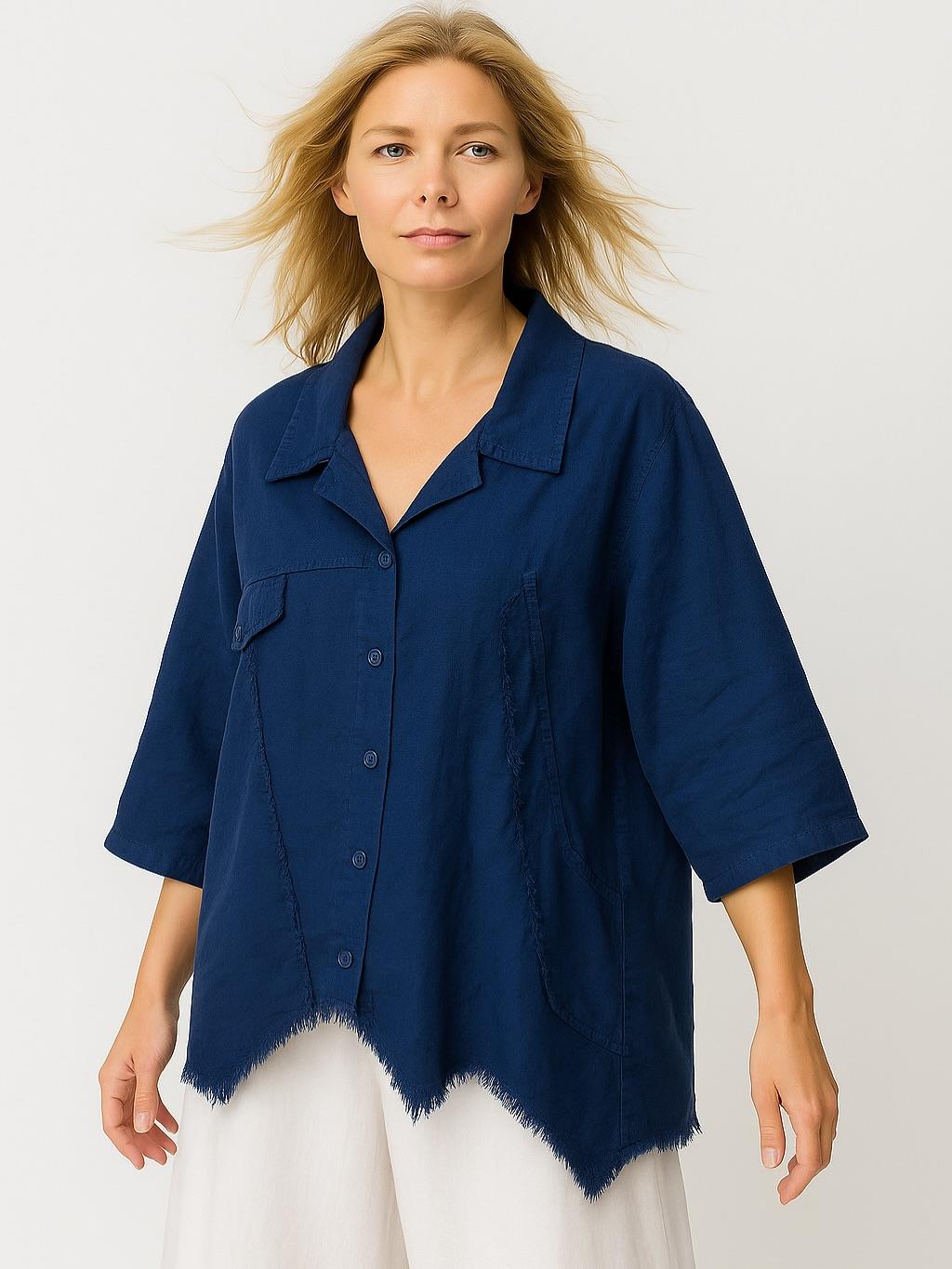 İtalyan Keten Tasarım Gömlek - LACİVERT