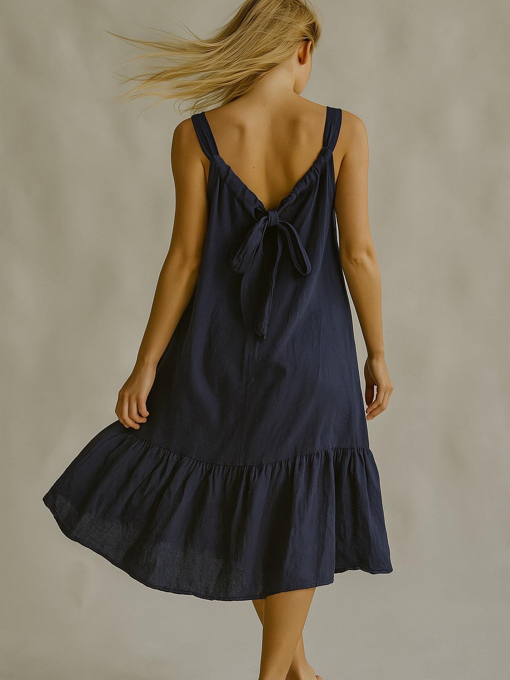 İtalyan Sırttan Bağlamalı Keten Elbise - LACİVERT