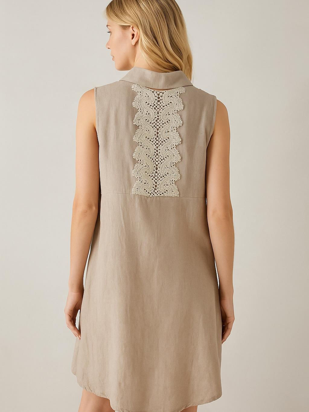 İtalyan Dantel Sırt Detaylı Keten Elbise - BEJ