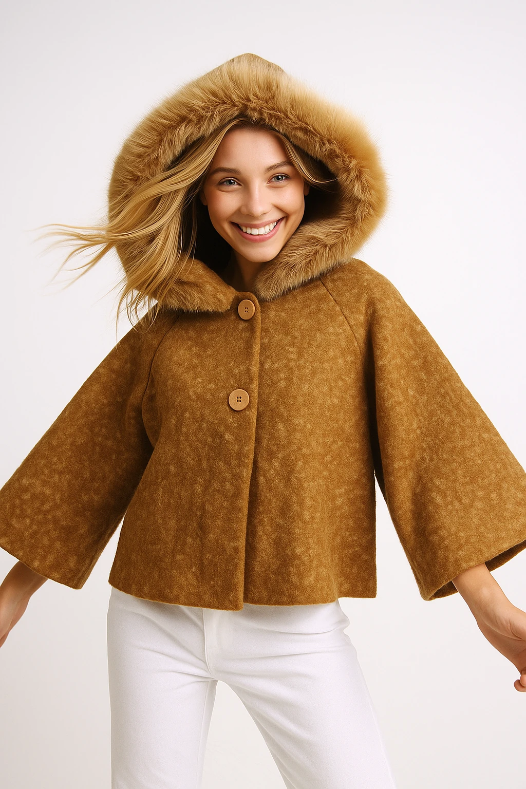 İtalyan Yaka Kürklü Kapüşonlu Keçe Ceket - BAL