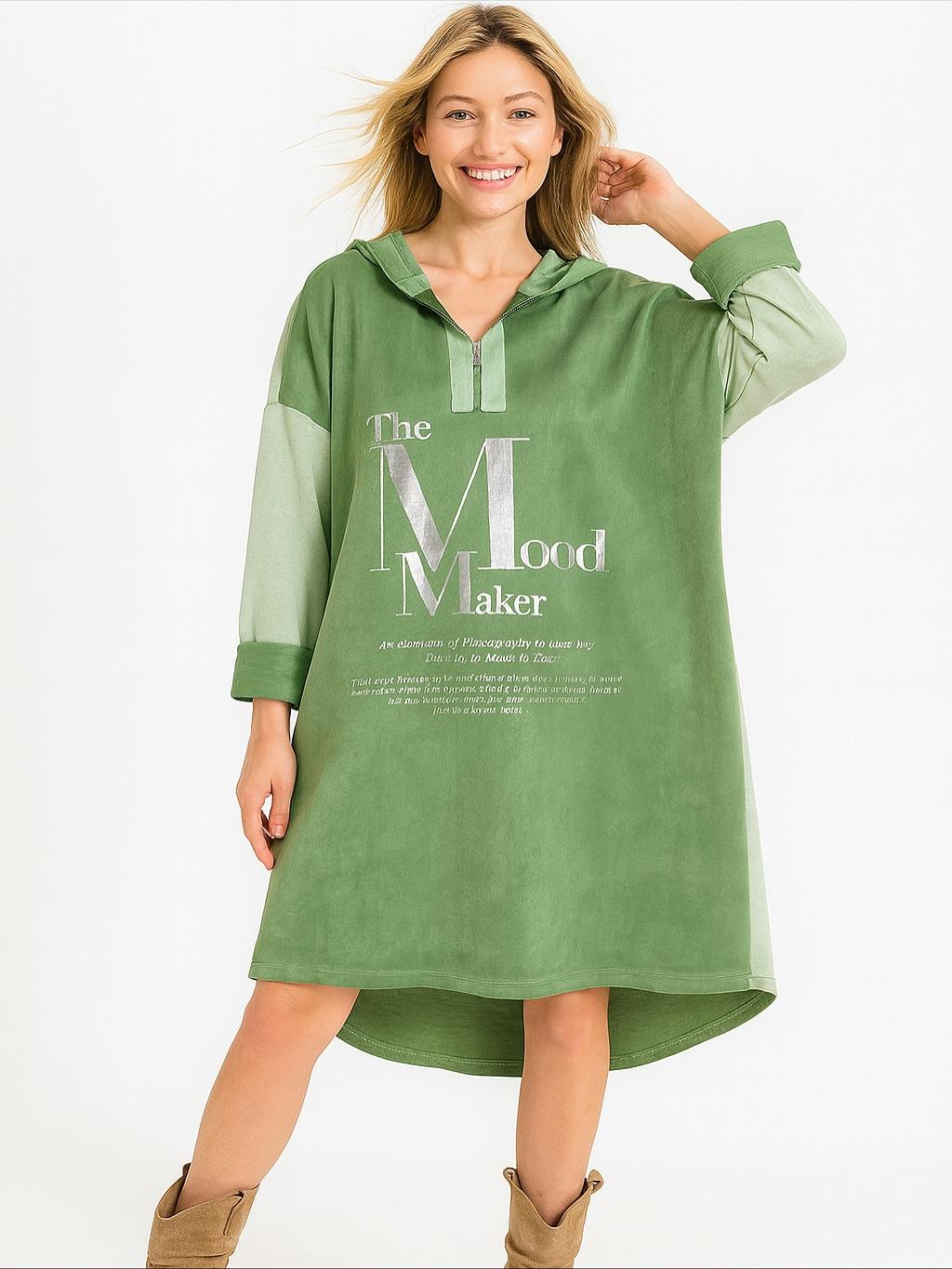 İtalyan Kapüşonlu Nubuk Elbise - YEŞİL