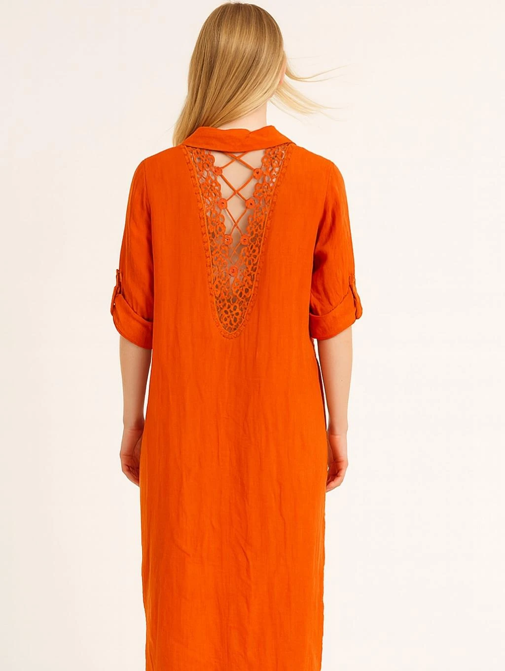 İtalyan Keten Sırtı Dantelli Elbise - TURUNCU