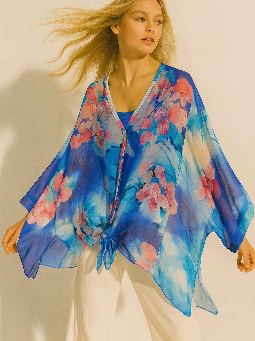 İtalyan Çiçek Desen İpek Bluz - SAKS MAVİ