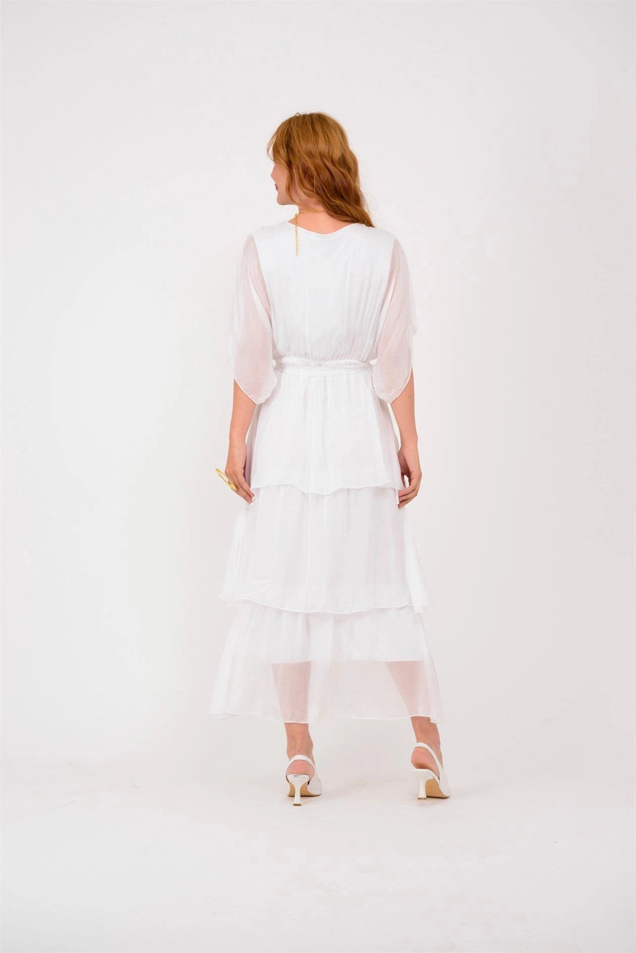 İtalyan İpek Belden Bağlamalı Elbise - BEYAZ