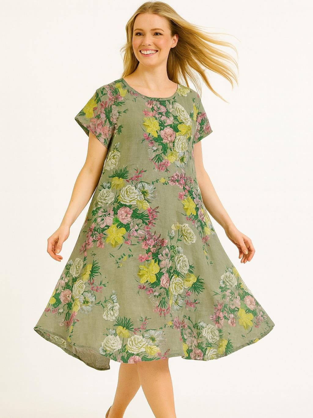 İtalyan Keten Çiçek Desen Elbise - HAKİ