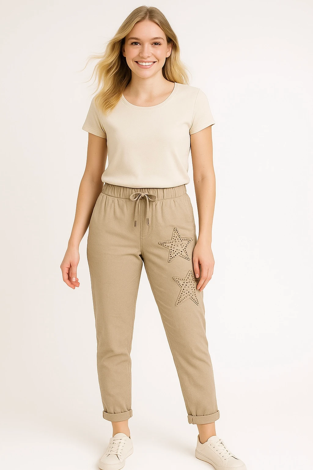 İtalyan Yıldız Detaylı Likralı Pantolon - BEJ