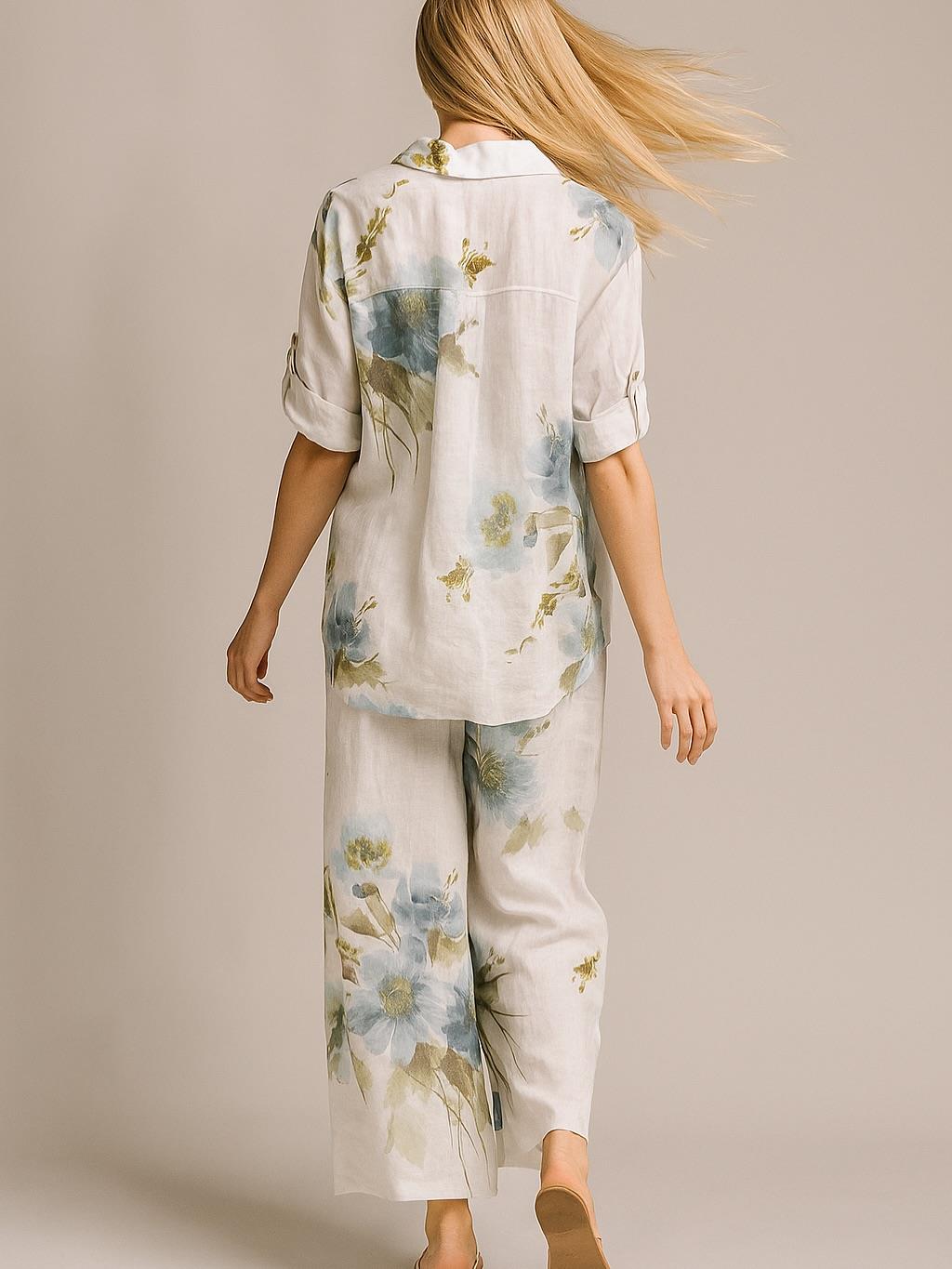 İtalyan Çiçek Desenli Keten Takım - BEYAZ