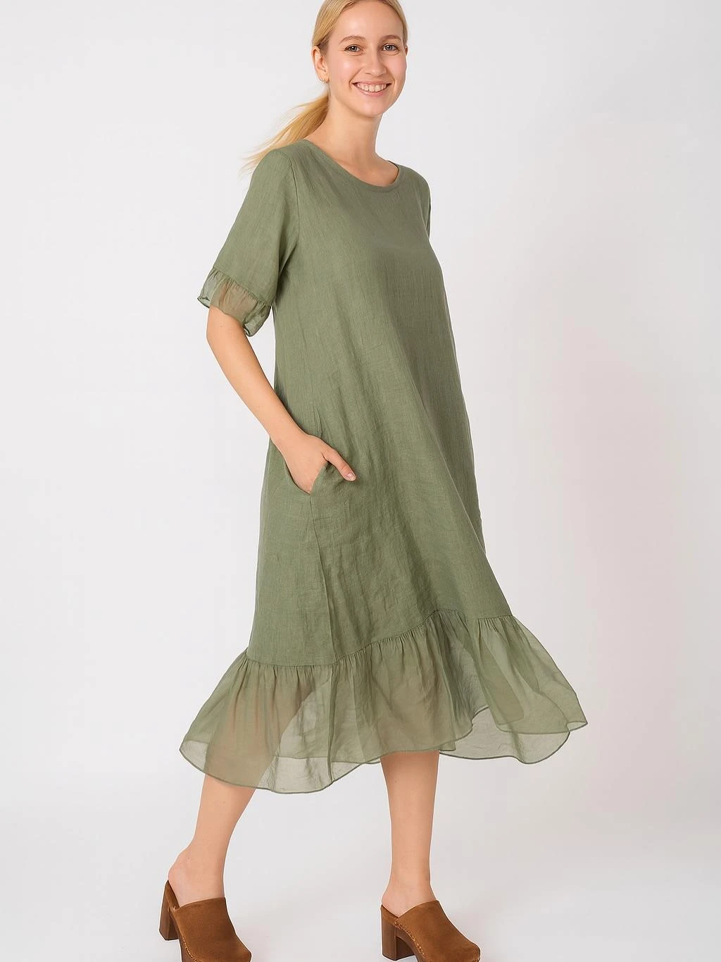 İtalyan Keten İpek Detaylı Elbise - HAKİ