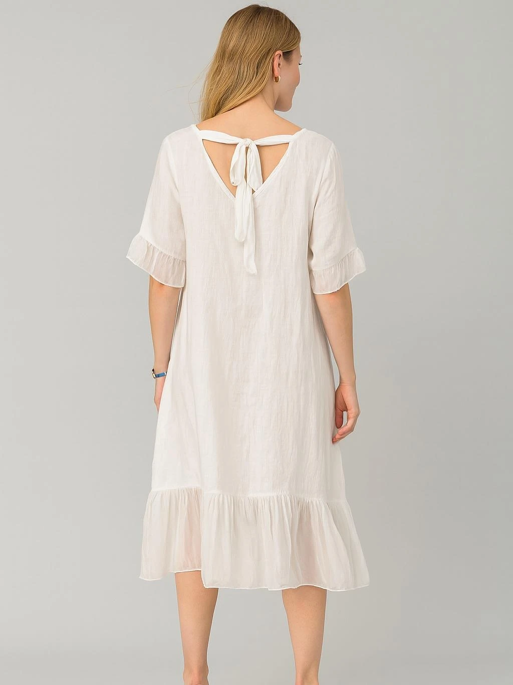 İtalyan Keten İpek Detaylı Elbise - BEYAZ