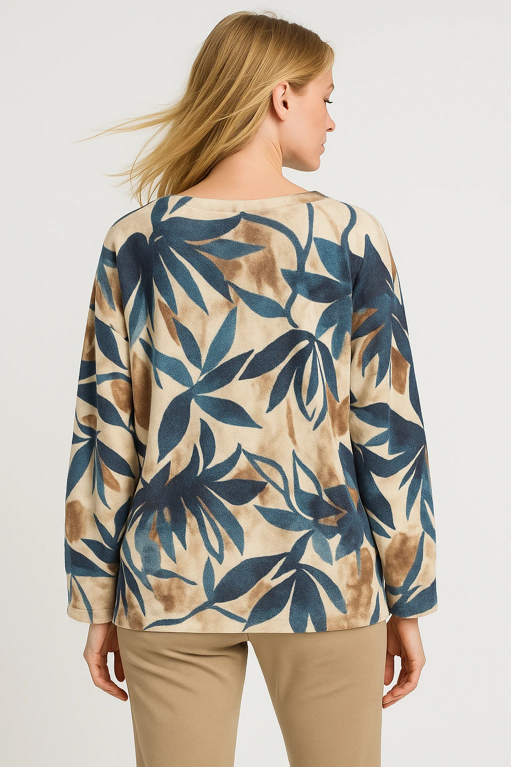 İtalyan Yaprak Desen Triko Bluz - MAVİ