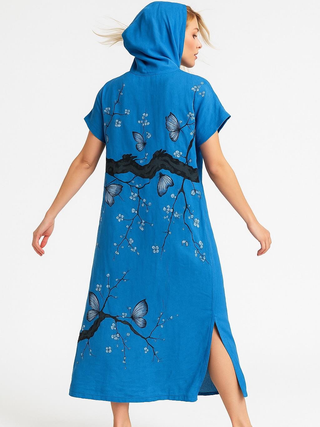 İtalyan Keten Kapüşon Detaylı Elbise - MAVİ
