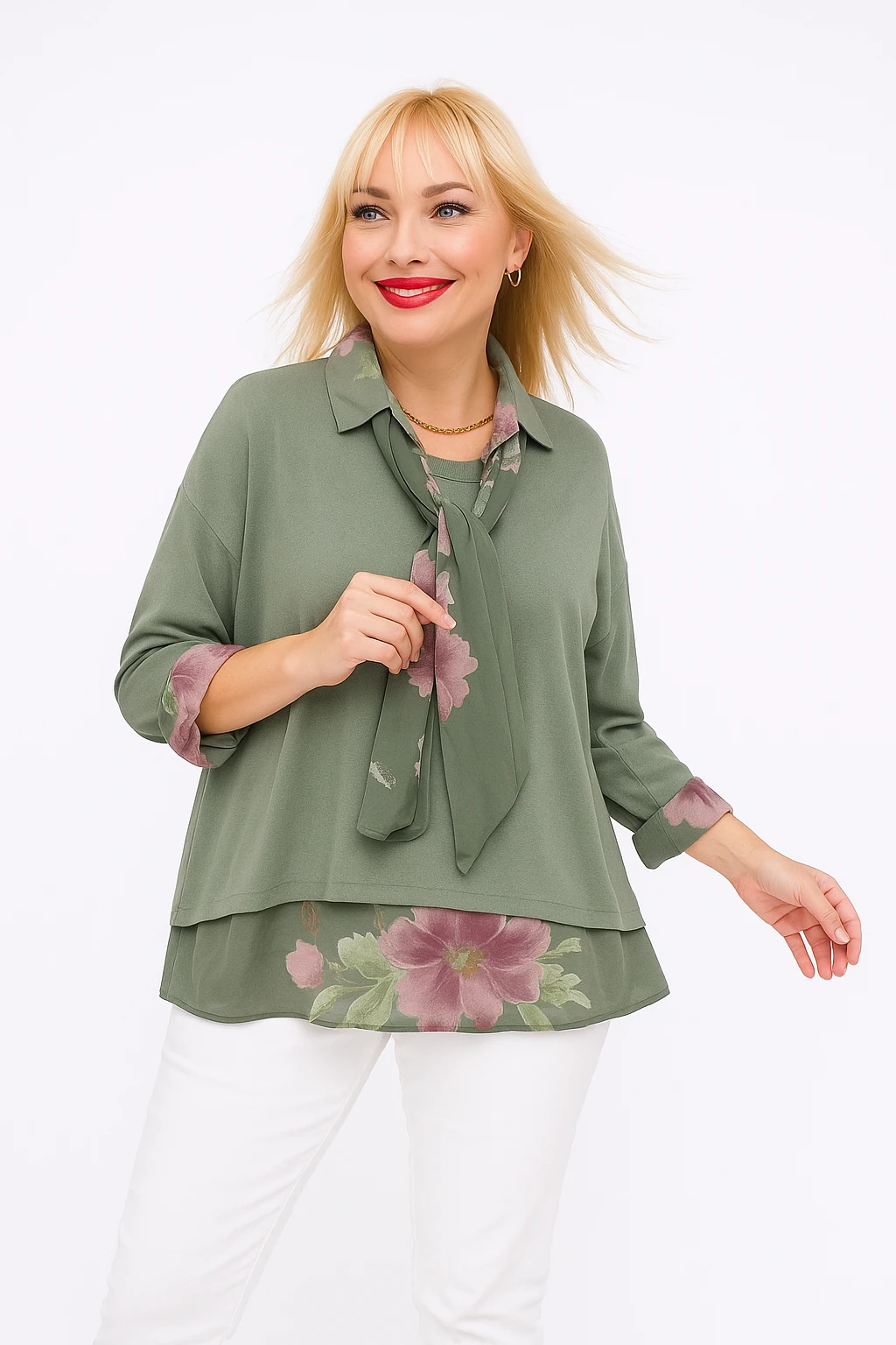 İtalyan Fularlı 3'lü Takım Bluz - HAKİ