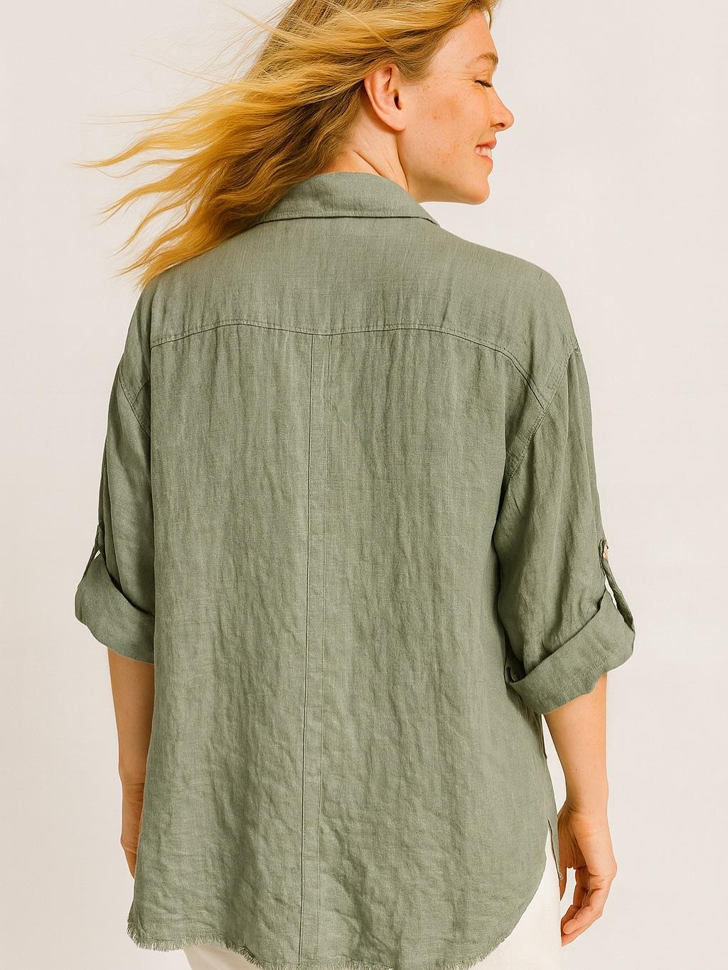 İtalyan Keten Dantel Detaylı Gömlek - HAKİ