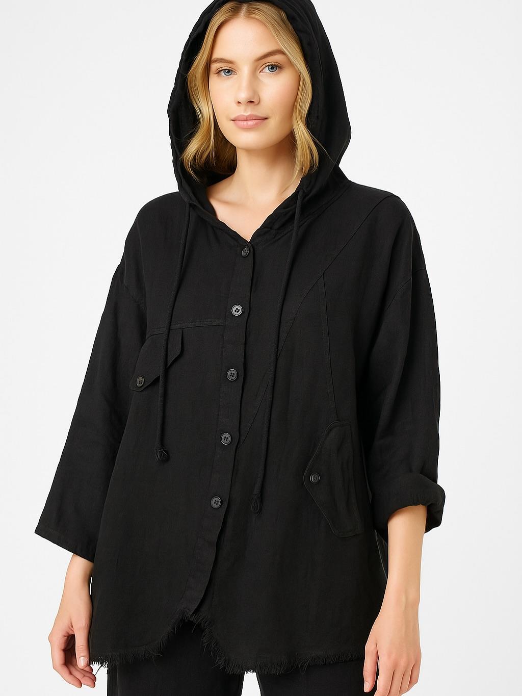 İtalyan Keten Kapüşonlu Ceket - SİYAH