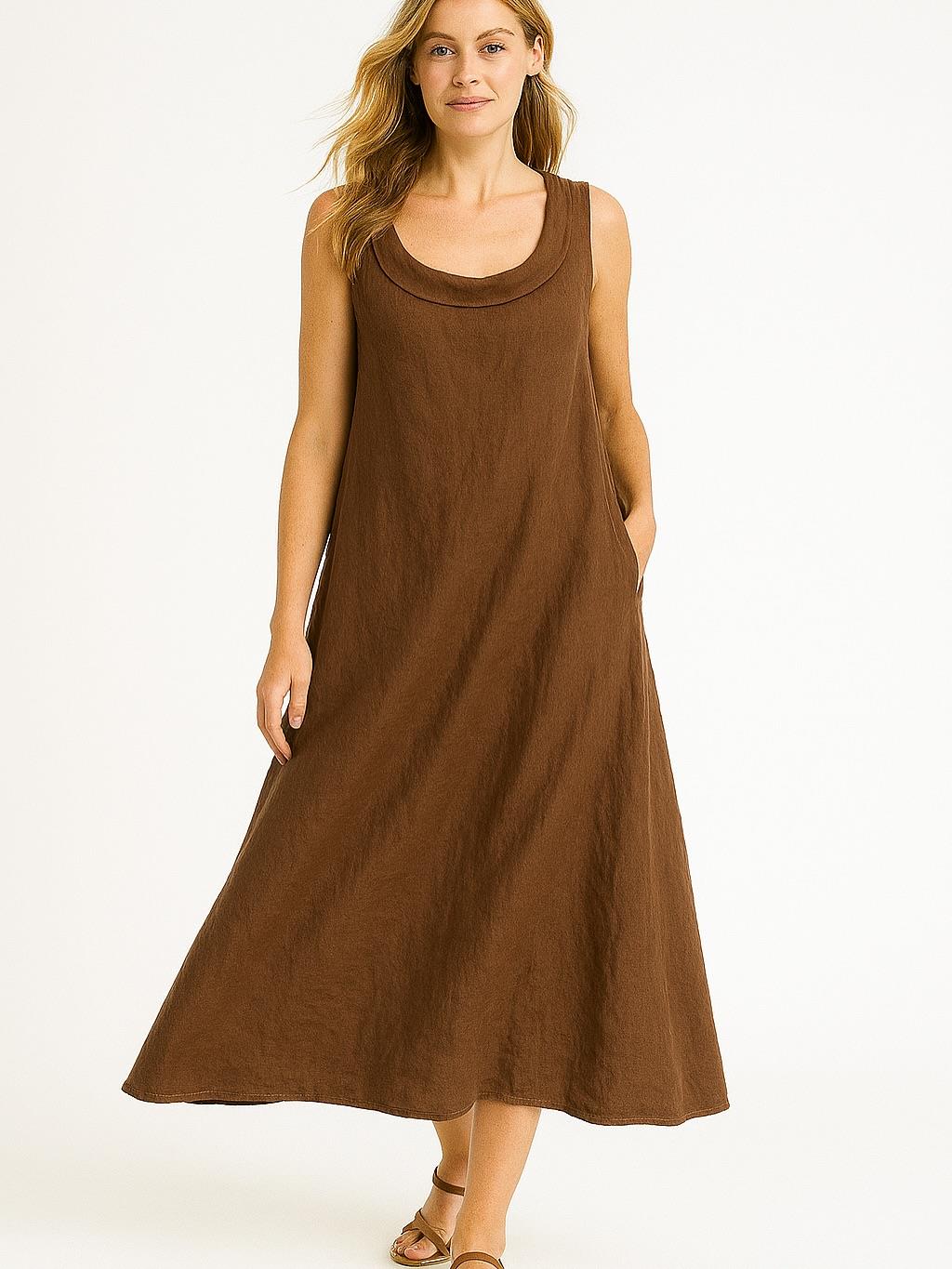 İtalyan Yaka Detaylı Keten Elbise - KAHVERENGİ