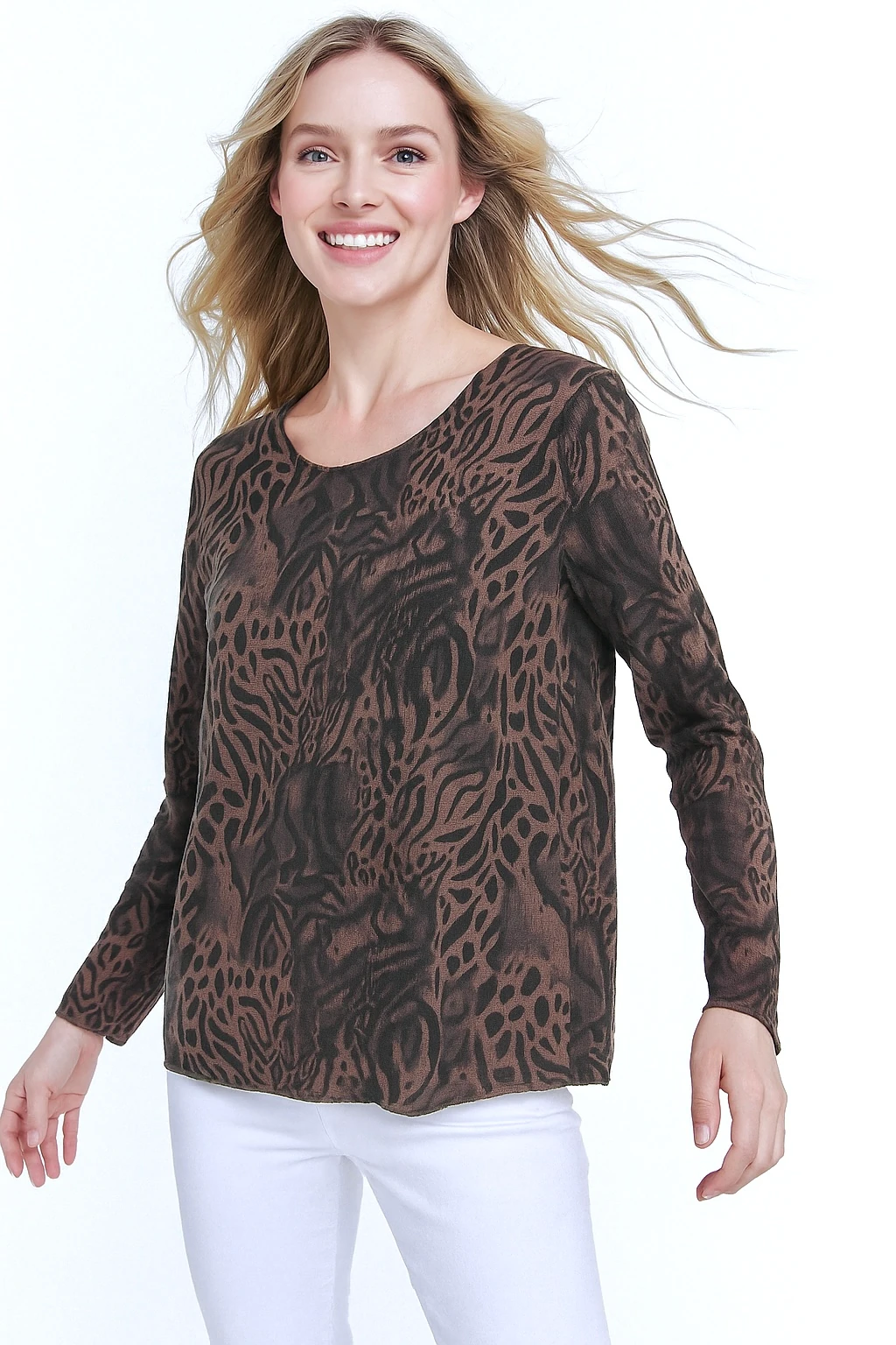 İtalyan Leopar Desen Triko Bluz - KAHVERENGİ