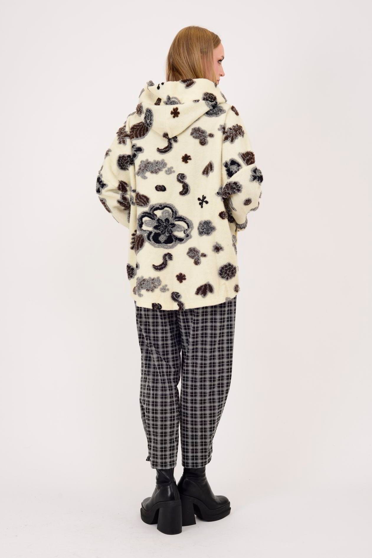 İtalyan Çiçek Tasarımlı Kapüşonlu Keçe Kaban - BEYAZ