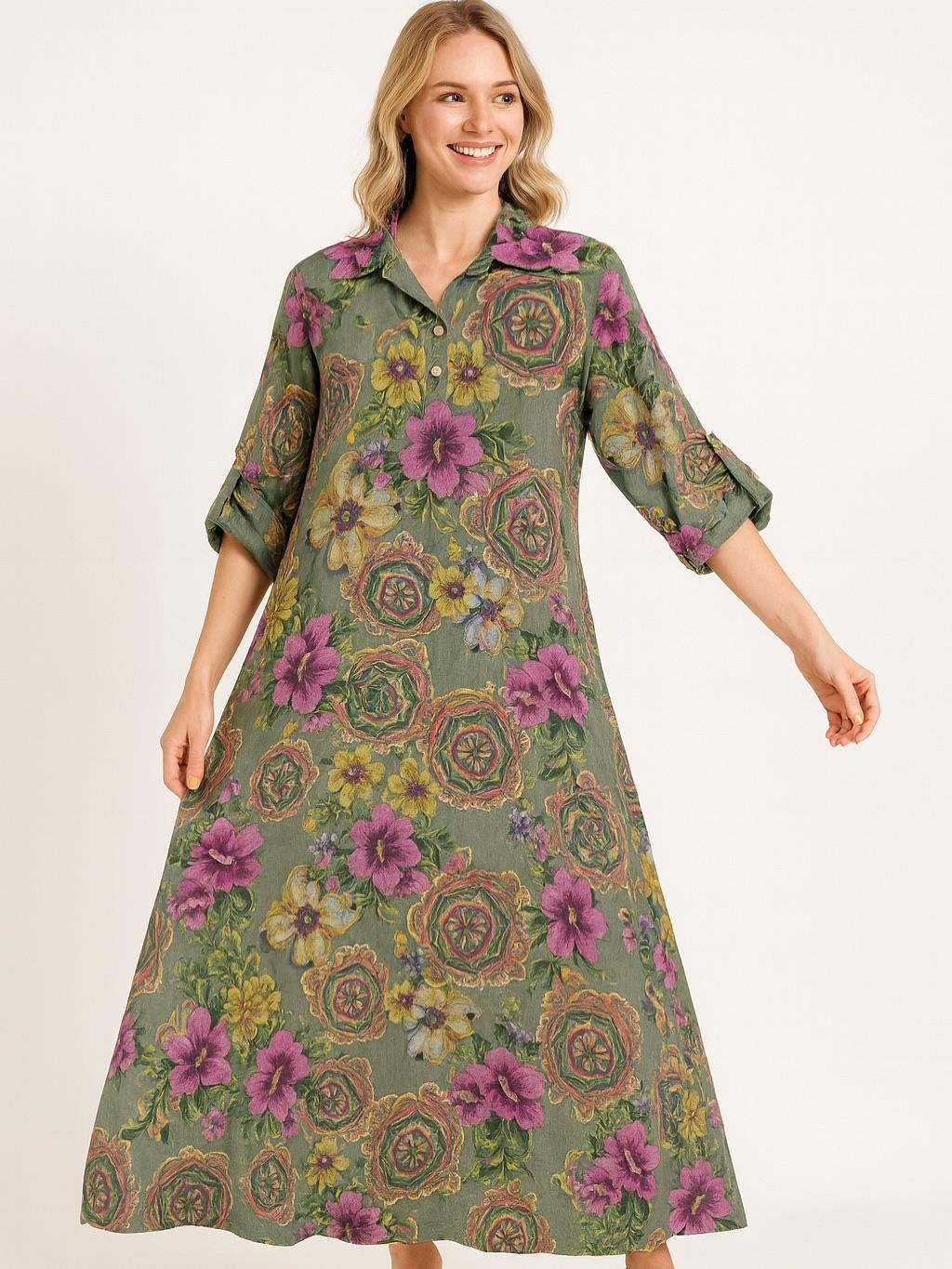 İtalyan Keten Çiçek Desenli Elbise - HAKİ