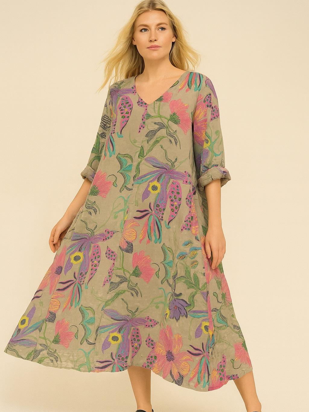 İtalyan Çiçek Desenli Keten Elbise - VİZON