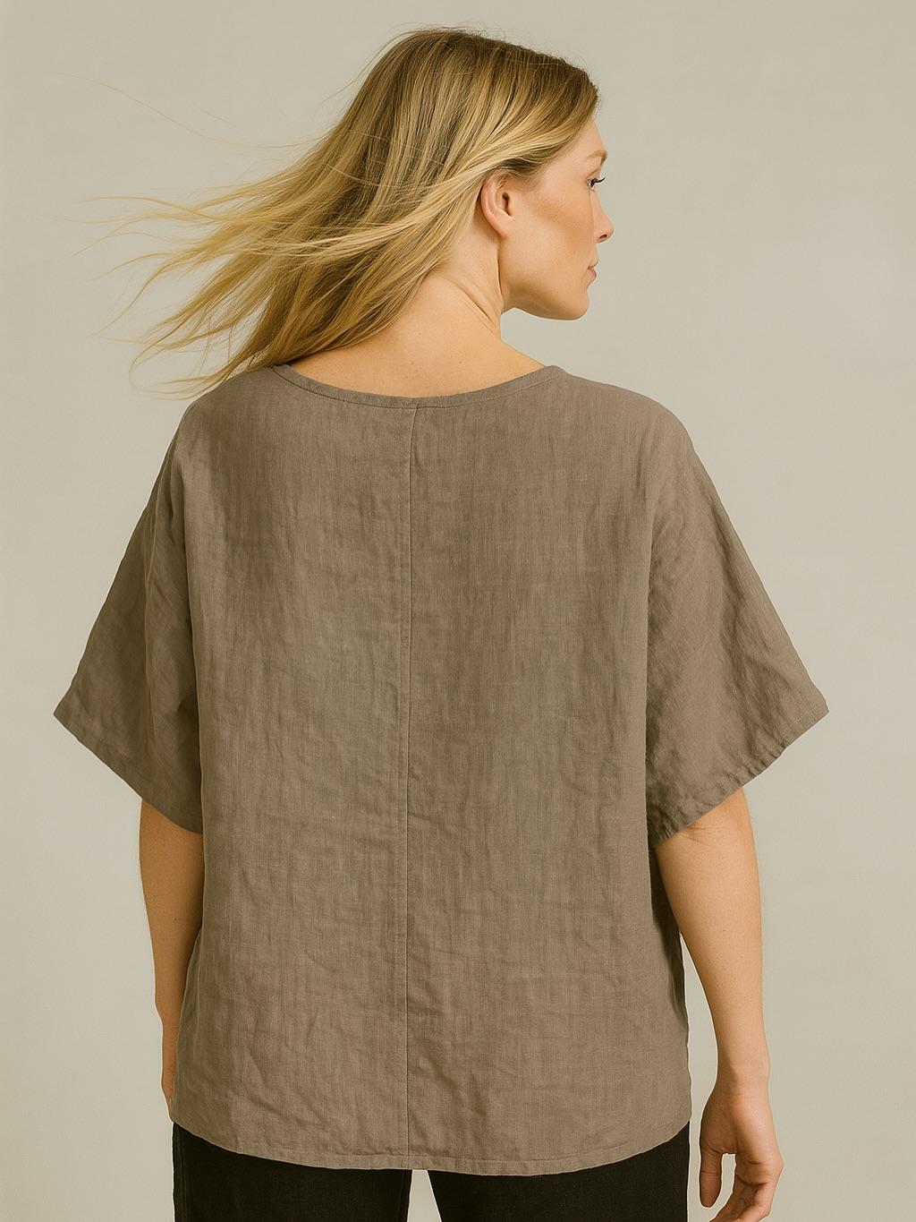 İtalyan Keten Desenli Bluz - VİZON