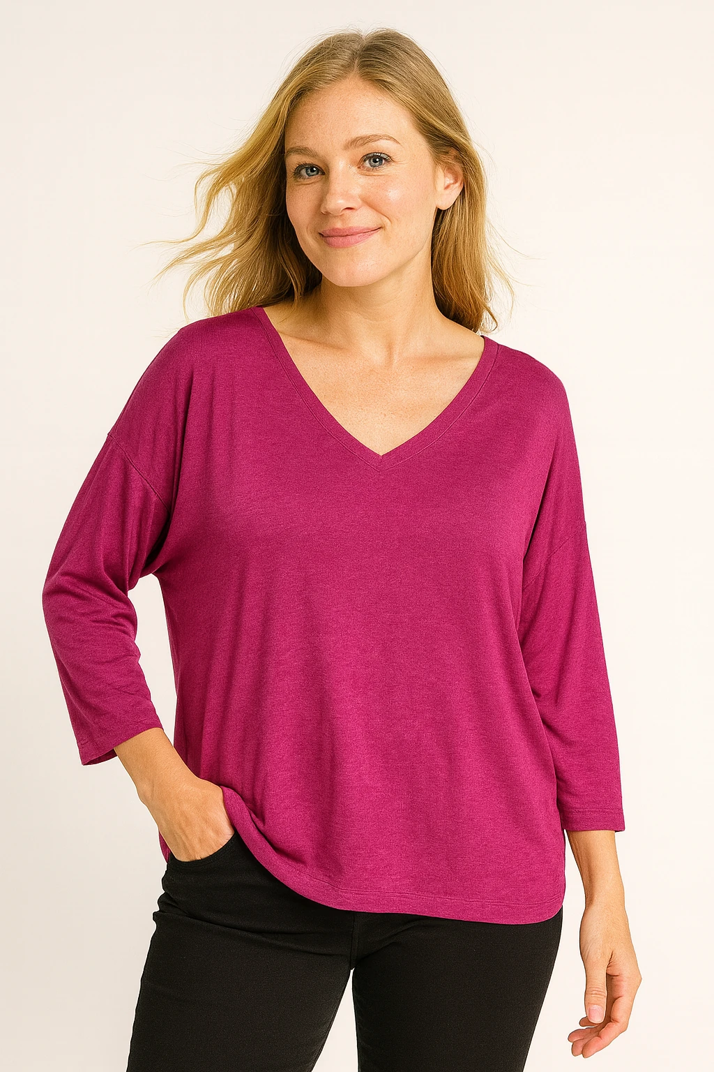 İtalyan V Yaka Triko Bluz - FUŞYA