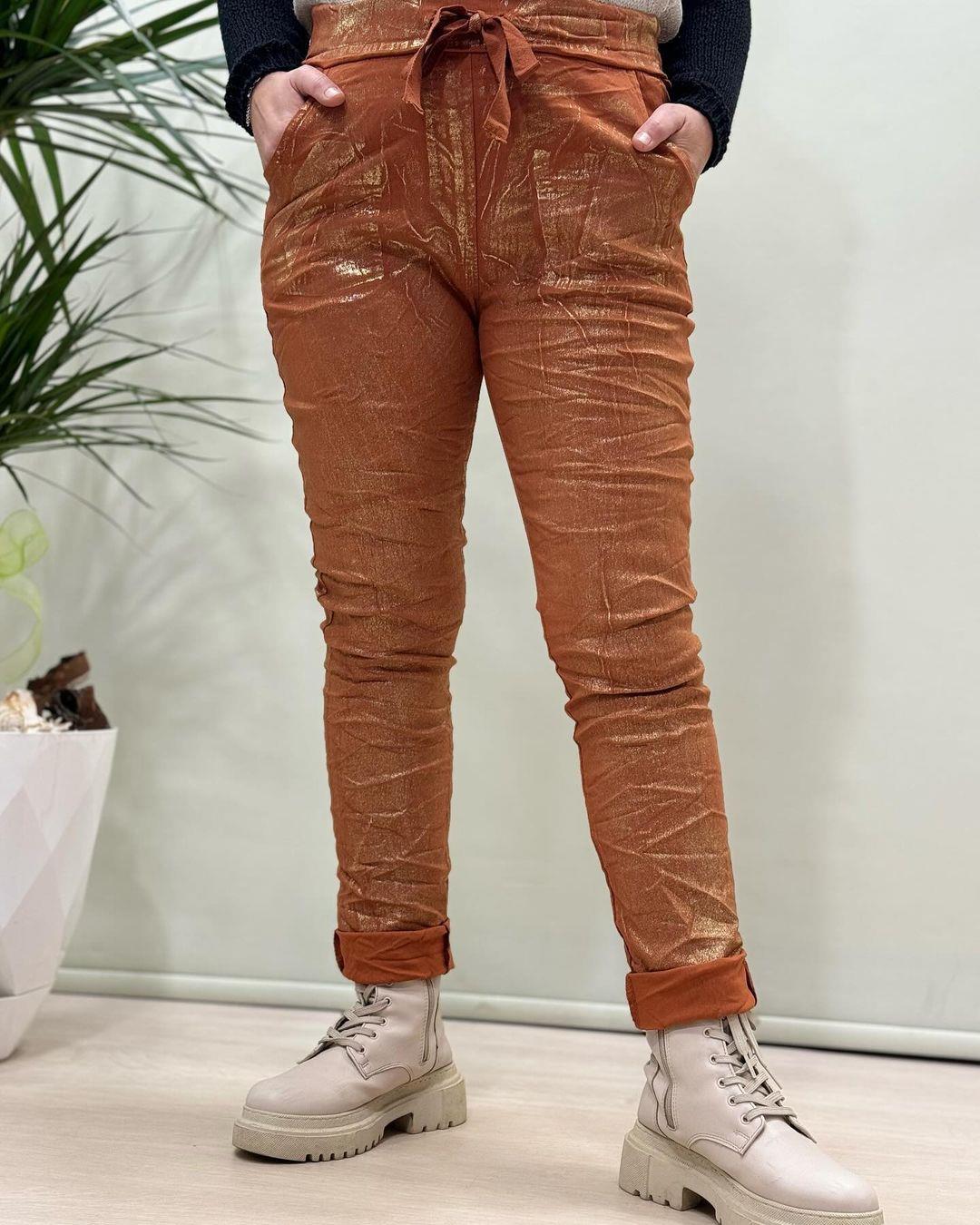 İtalyan Varak Baskılı Likralı Pantolon - TUĞLA