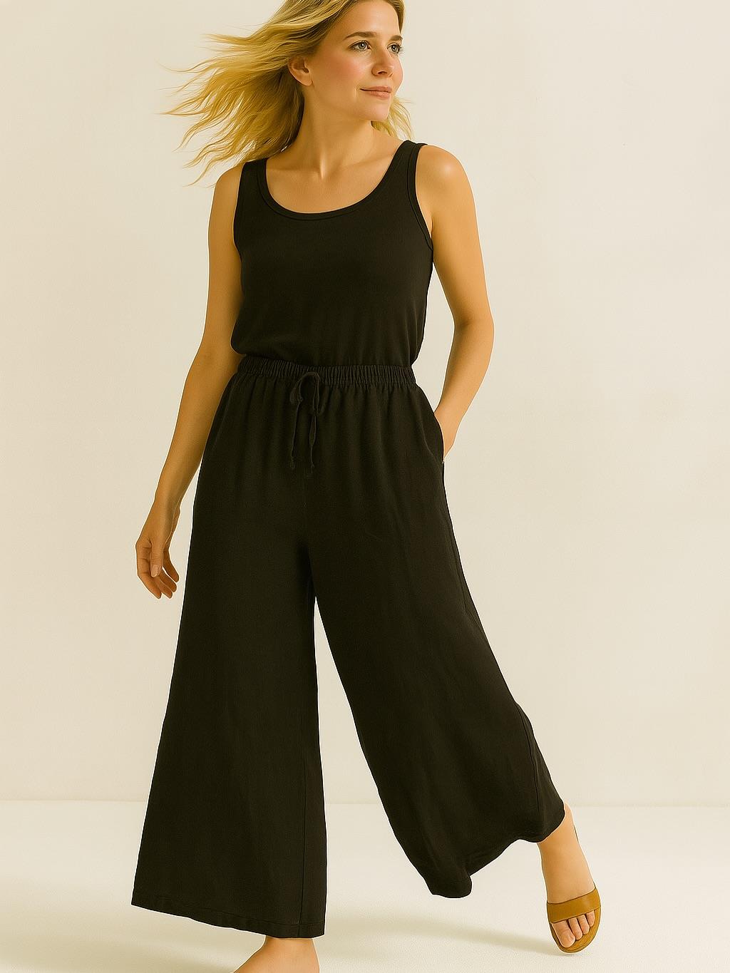 İtalyan Keten Boru Paça Pantolon - SİYAH