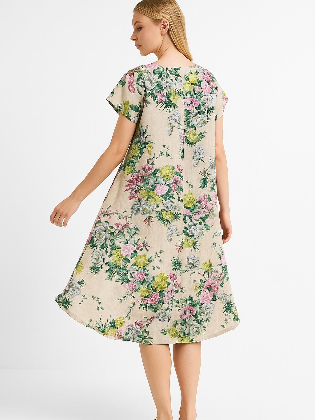 İtalyan Keten Çiçek Desen Elbise - BEJ
