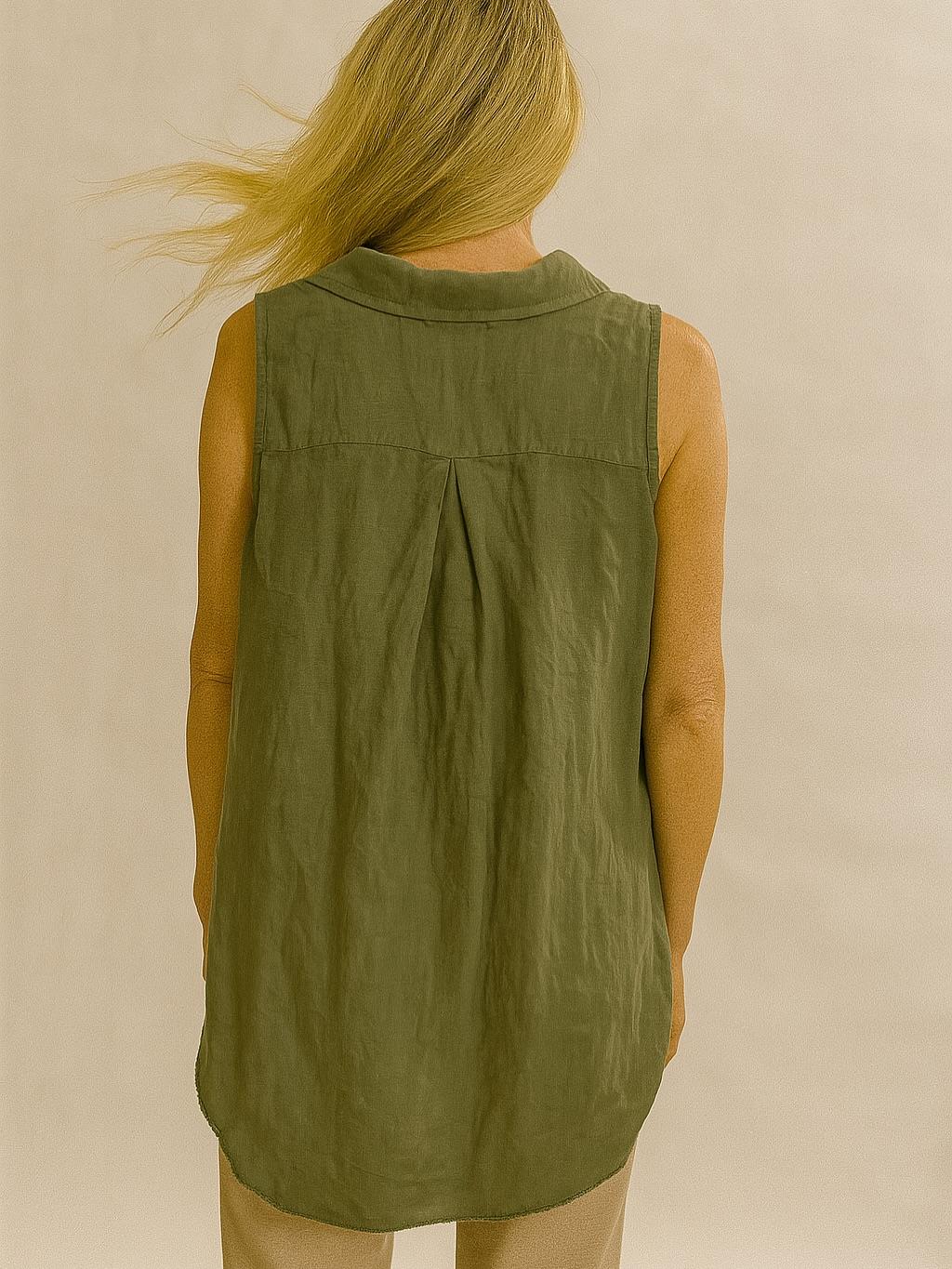 İtalyan Önden Bağlamalı Kolsuz Keten Gömlek - HAKİ