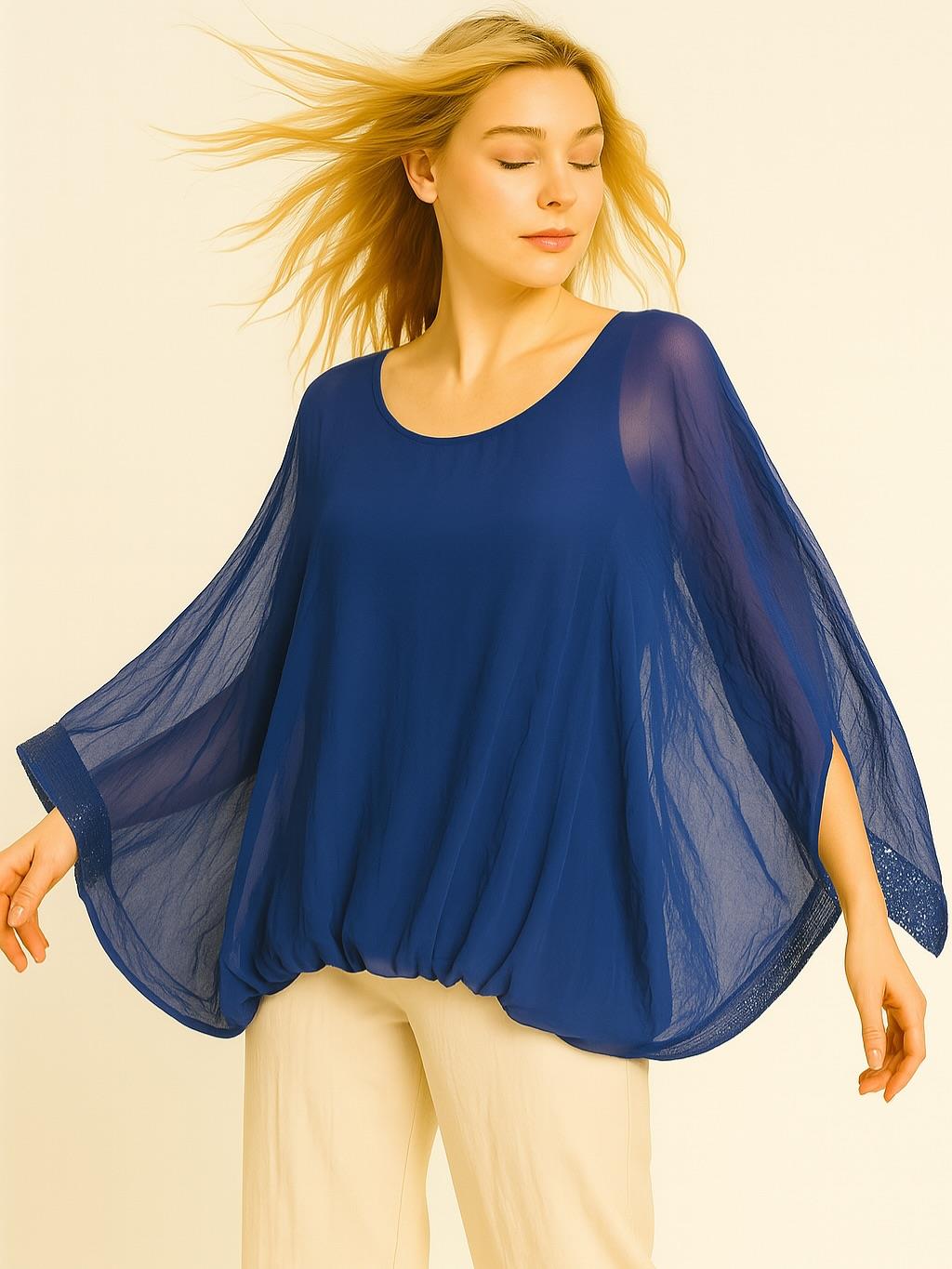 İtalyan İpek Bluz - SAKS MAVİ