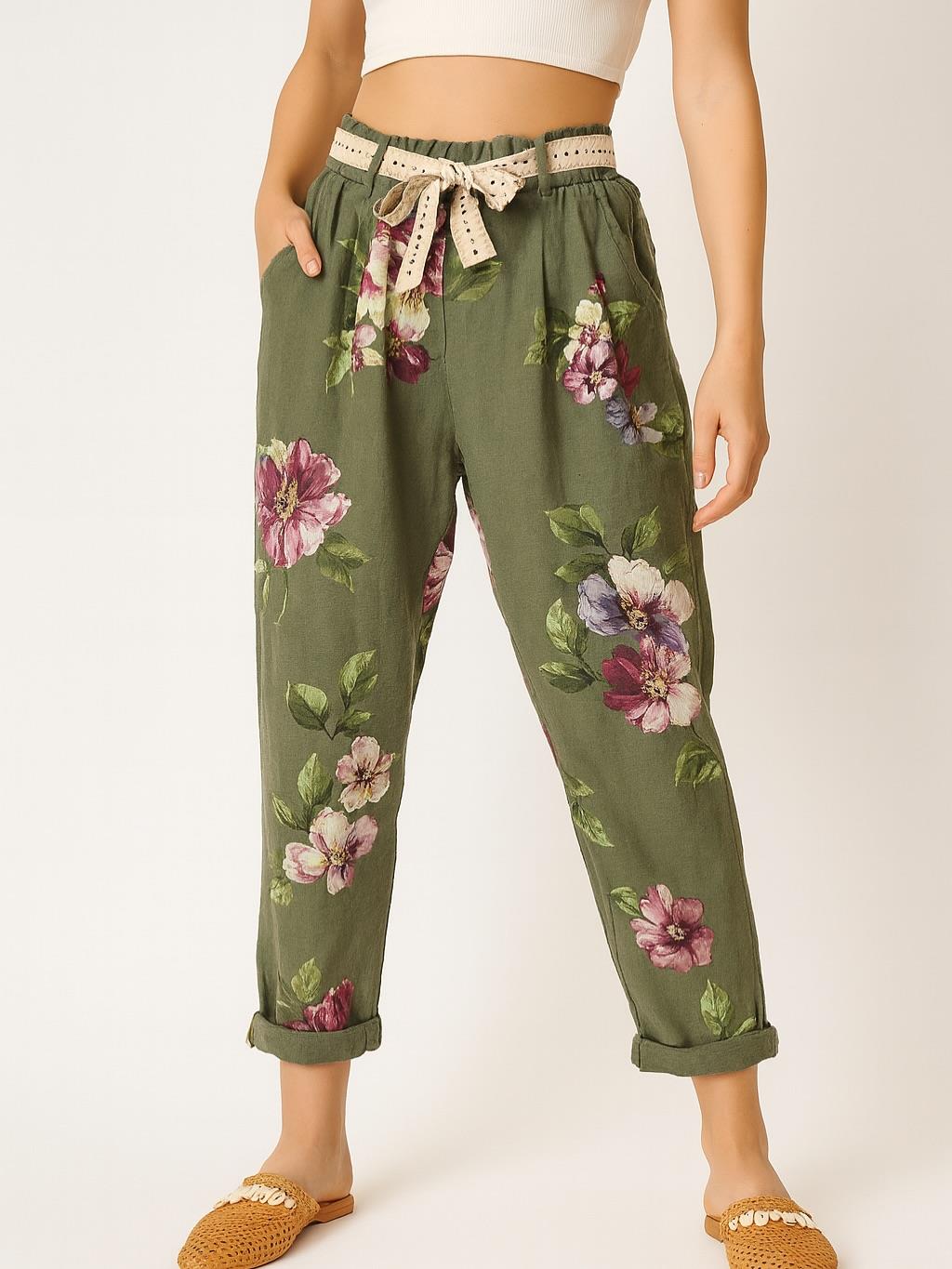İtalyan Çiçek Desenli Havuç Keten Pantolon - HAKİ