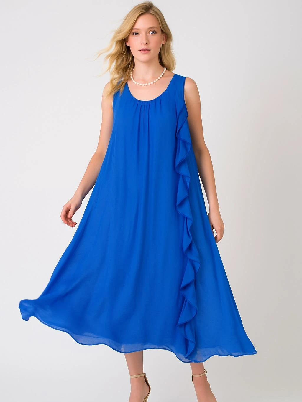 İtalyan İpek Elbise - SAKS MAVİ