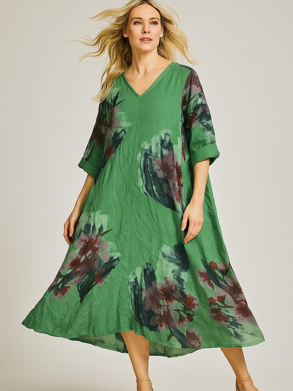 İtalyan Çiçek Desenli Keten Elbise - YEŞİL