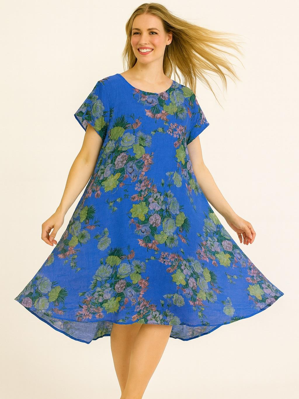 İtalyan Keten Çiçek Desen Elbise - SAKS MAVİ