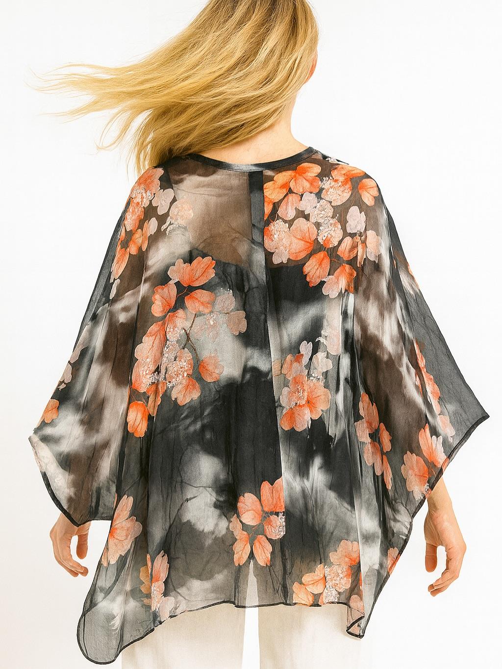 İtalyan Çiçek Desen İpek Bluz - SİYAH