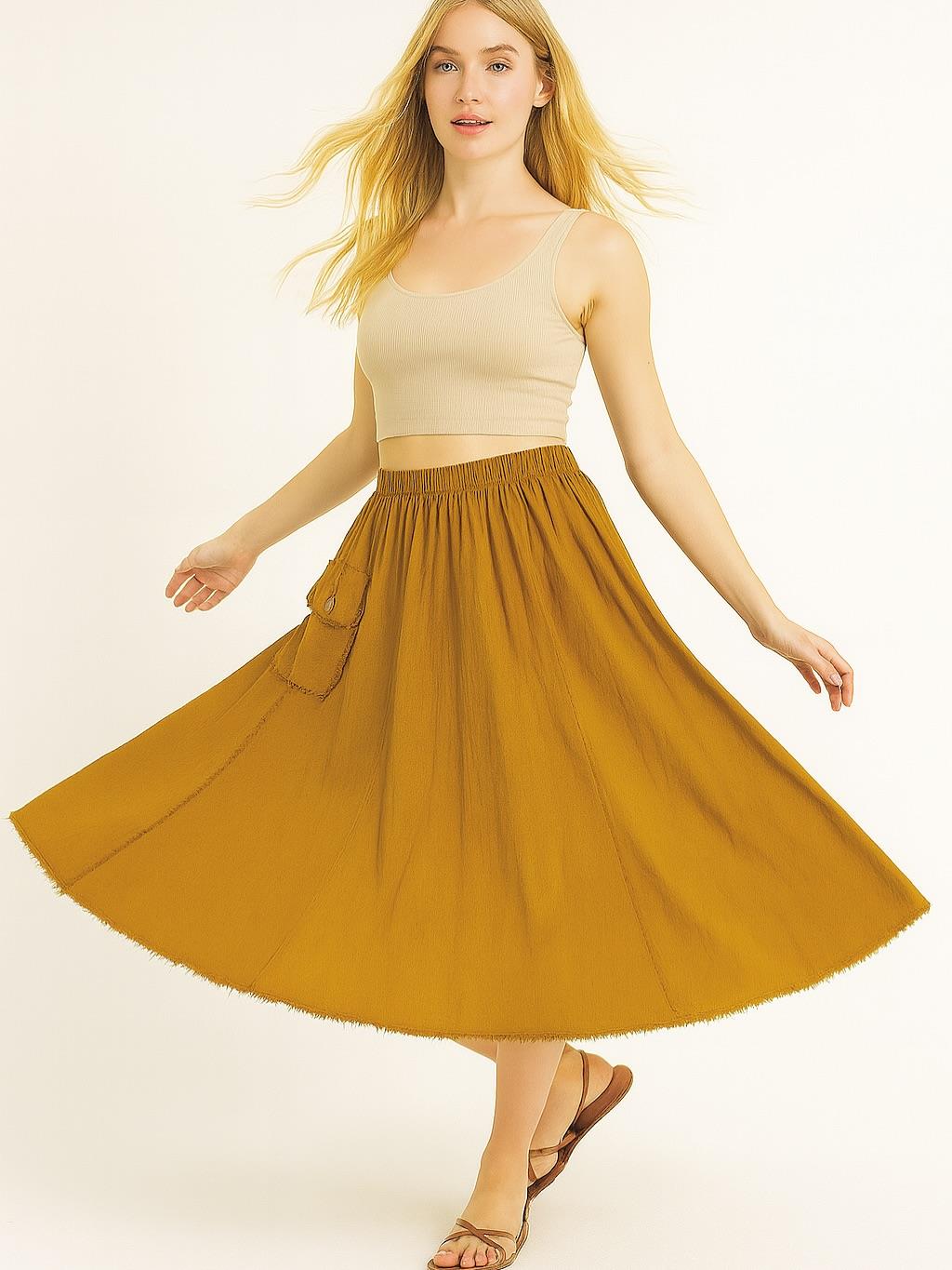İtalyan Kadife Cepli Etek - HARDAL