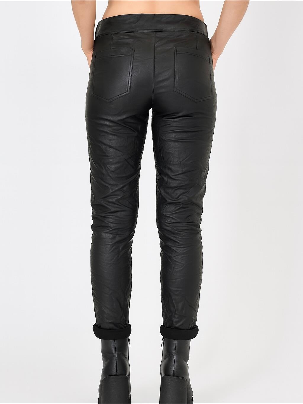 İtalyan Likralı Yıldız Detaylı Deri Pantolon - SİYAH