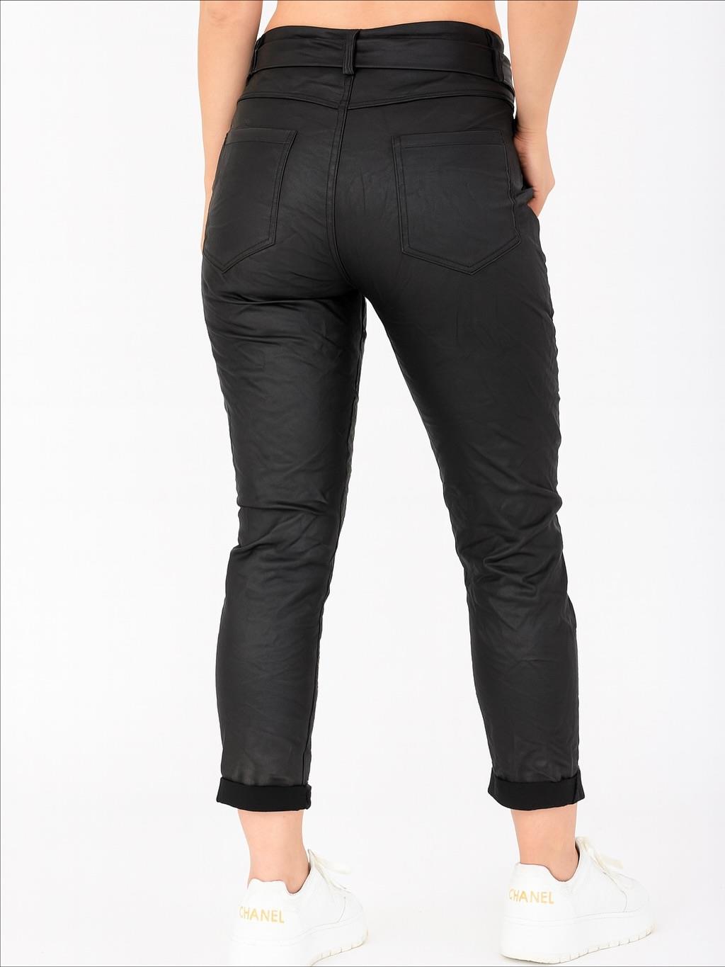 İtalyan Likralı Toka Detaylı Deri Pantolon - SİYAH