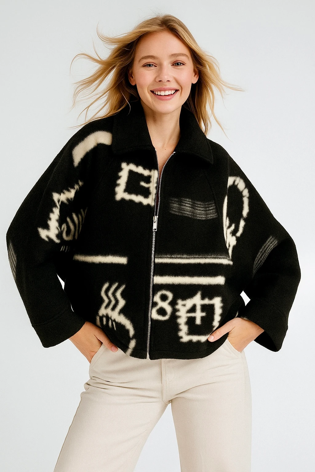 İtalyan Fermuarlı Desenli Keçe Ceket - SİYAH