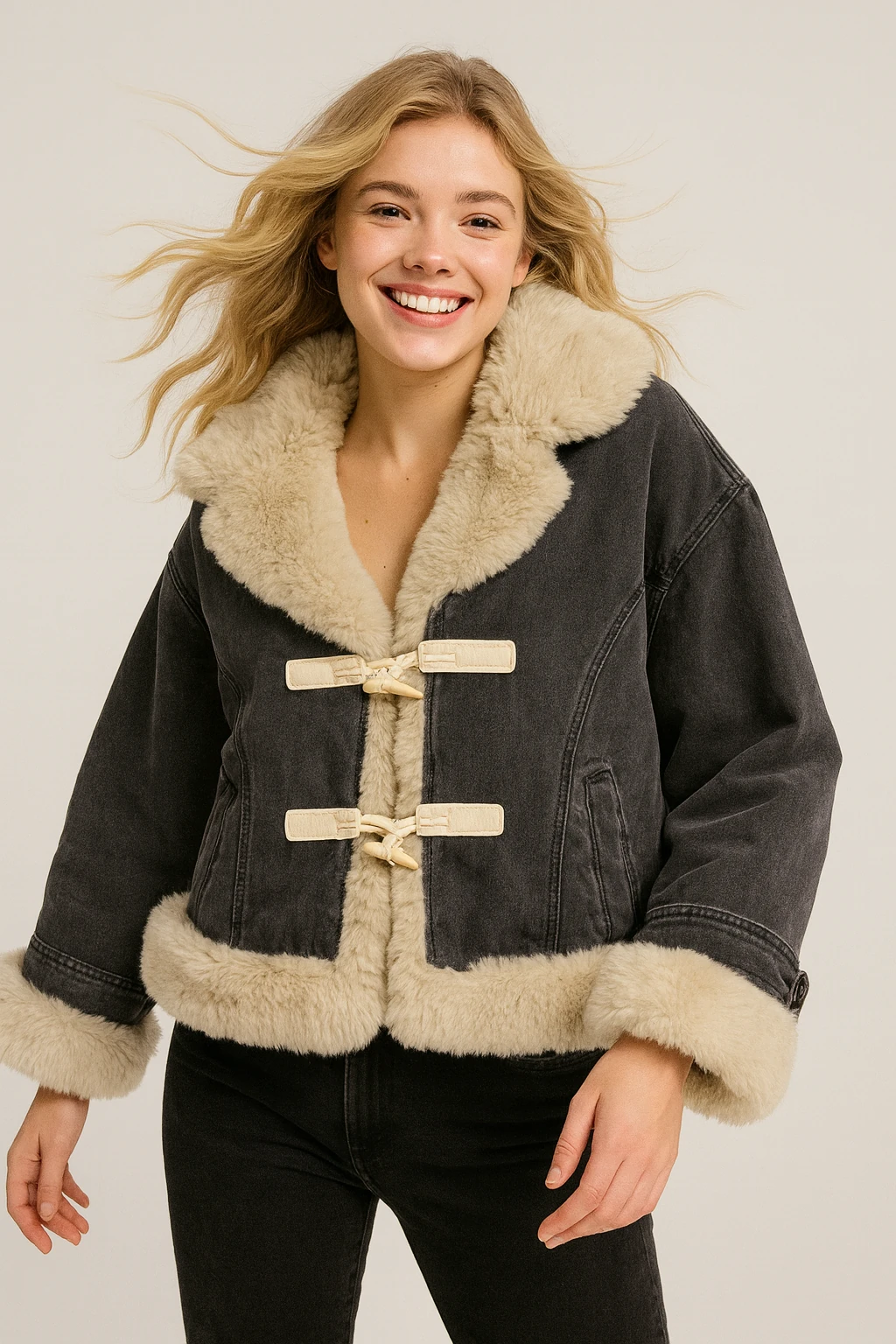 İtalyan Kürk Detaylı Kot Ceket - SİYAH