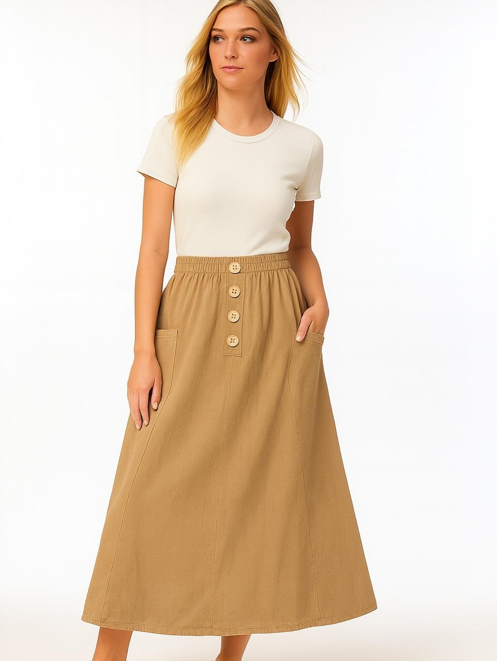 İtalyan Kadife Düğme Detaylı Etek - VİZON