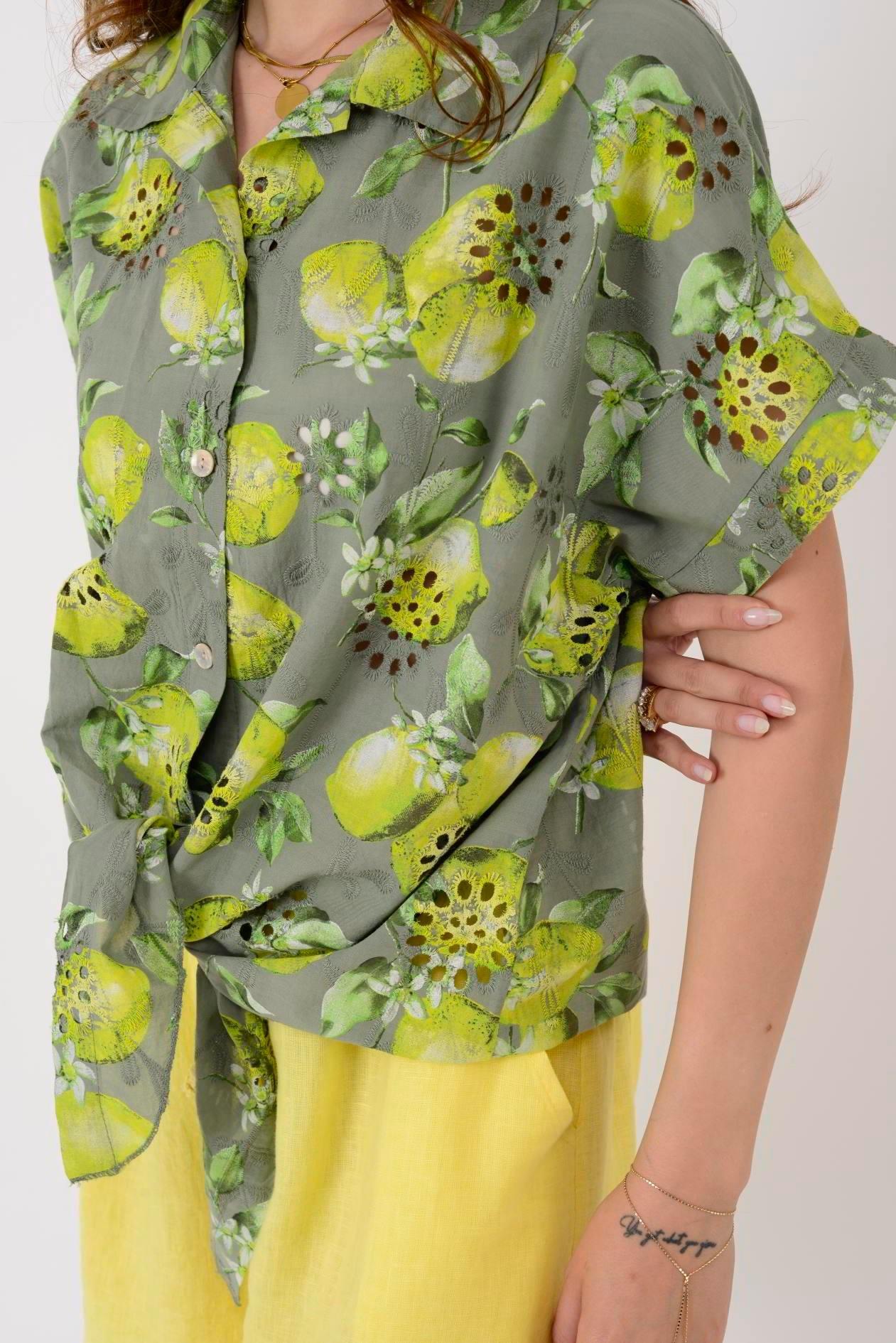 İtalyan Limon Desen Fistolu Bluz - HAKİ