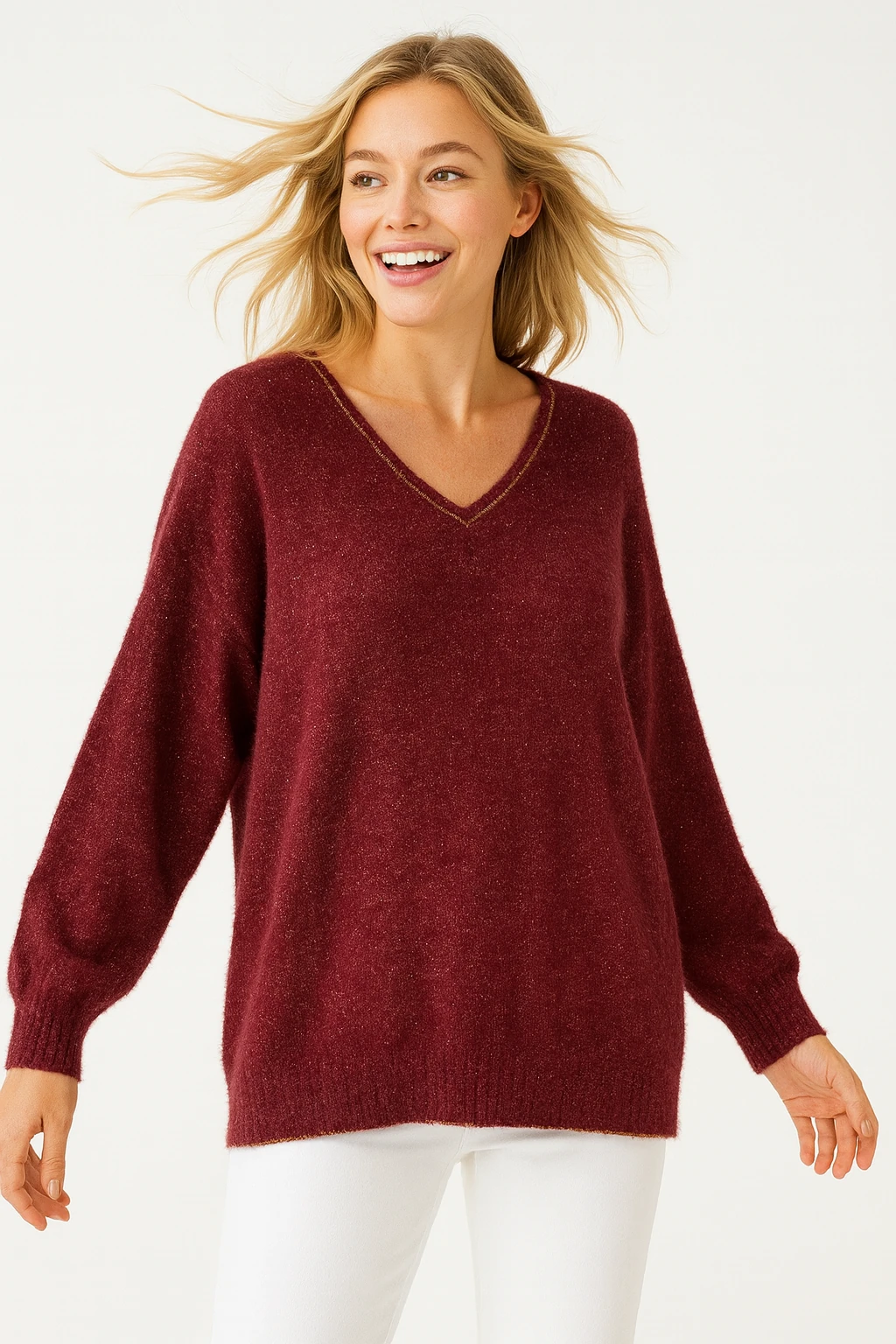 İtalyan V Yaka Simli Triko Bluz - BORDO