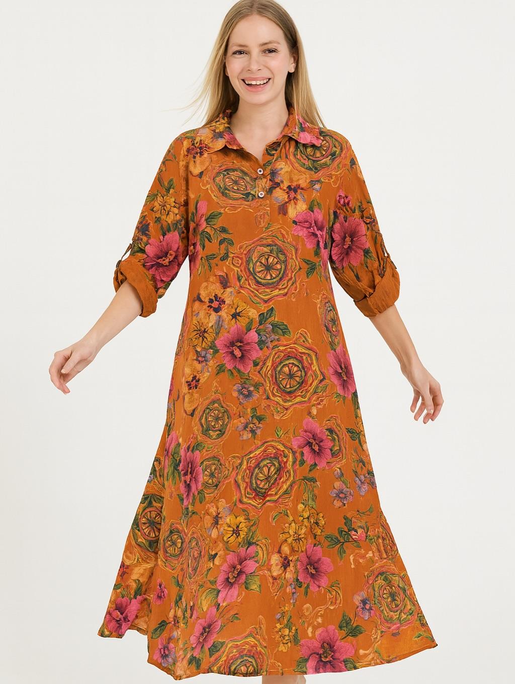 İtalyan Keten Çiçek Desenli Elbise - TUĞLA