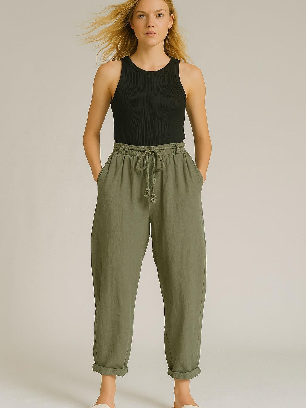 İtalyan Keten Havuç Model Pantolon - HAKİ