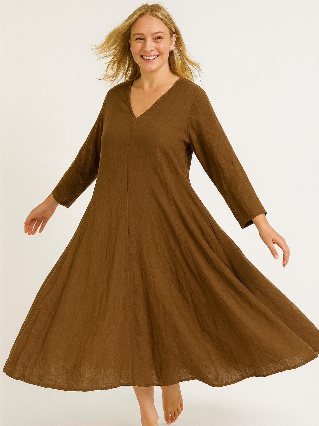 İtalyan Keten V Yaka Elbise - KAHVERENGİ